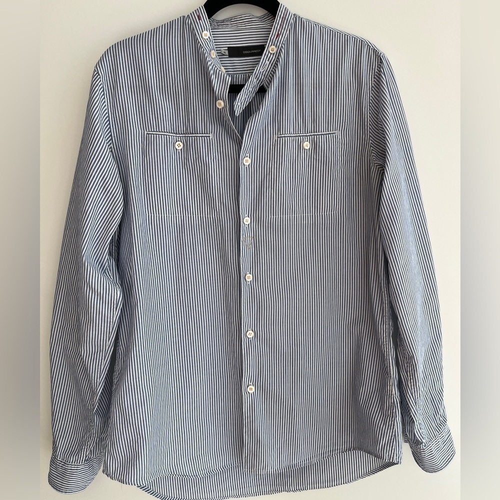 DSQUARED2 Blue White Stripe Button Down Shirt Mandarin Collar Long Sleeve Casual